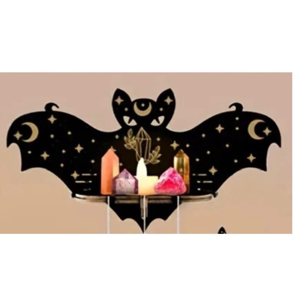 NEW! Majestic Black and Gold Bat Crystal / Gemstone Display Wall Shelf!